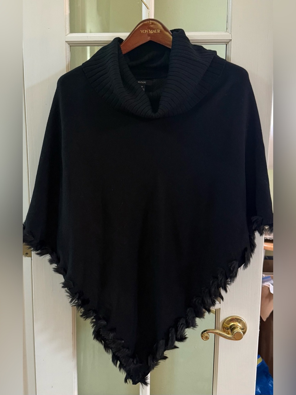 Alfani Black Cowl Neck Poncho with Faux Fur Fringe Trim Size S/M NWT